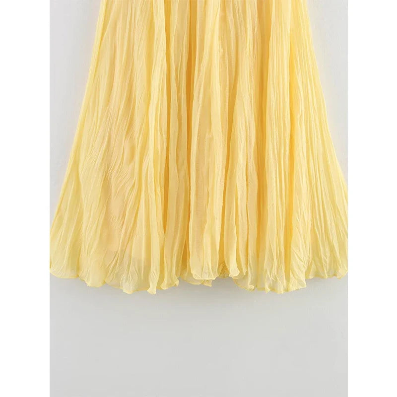 YENKYE Women Crinkle A-line Midi Butter Yellow Skirt Elastic Waist Spring Summer Holiday Elegant Skirts New 2025 faldas mujer