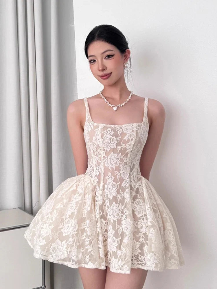 REDDACHiC Medieval Retro Women's Mini Dress Lace Floral Tank Square Neck Puffy Desire One-piece Graduation Party Summer Clothes