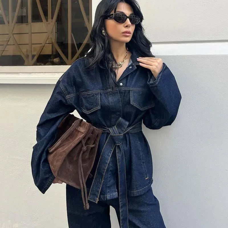 YENKYE Vintage With Belt Denim Jackets Women Y2K Lapel Single Breasted Pockets Coat 2025 Spring Lady Outfits Streetwear