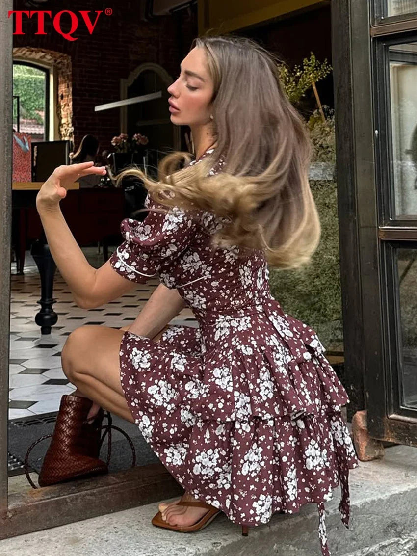 TTQV Summer Slim Print Women's Dress 2026 Sexy V-Neck Short Sleeve Mini Dresses Elegant Classic Pleated Female Dress Streetwear