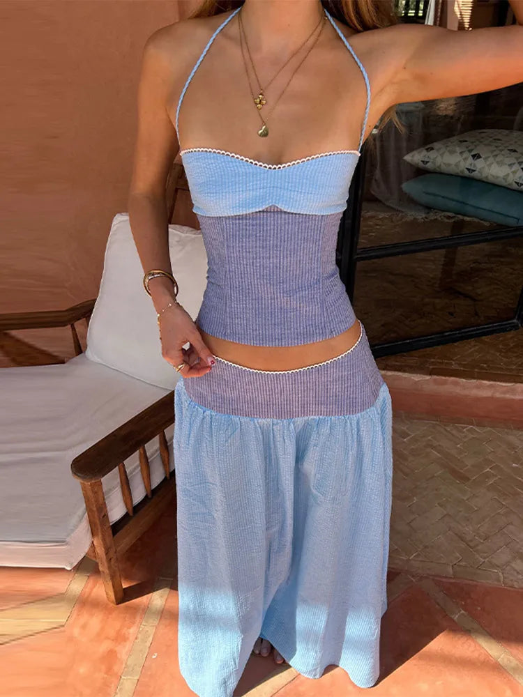 Sexy Sequins Cropped Top Long Skirt Sets Women Sleeveless Backless Lace Up Tank Slim Skirts 2026 Summer Beach Vacation Outfits