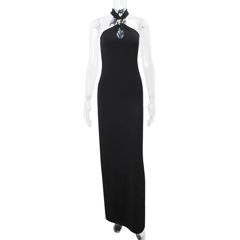 Cryptographic Summer Elegant Backless Halter Black Dress Party Club Outfits Women Sexy Maxi Dresses Gown Vestido Holiday Clothes
