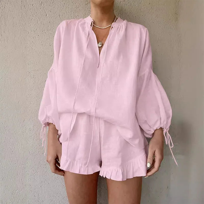 Summer Women's Suit 2-piece Sets For Women Long Puff Sleeves Blouse Loose V-neck Lace Up Summer Outfits Ruffle Shorts Beach Sets