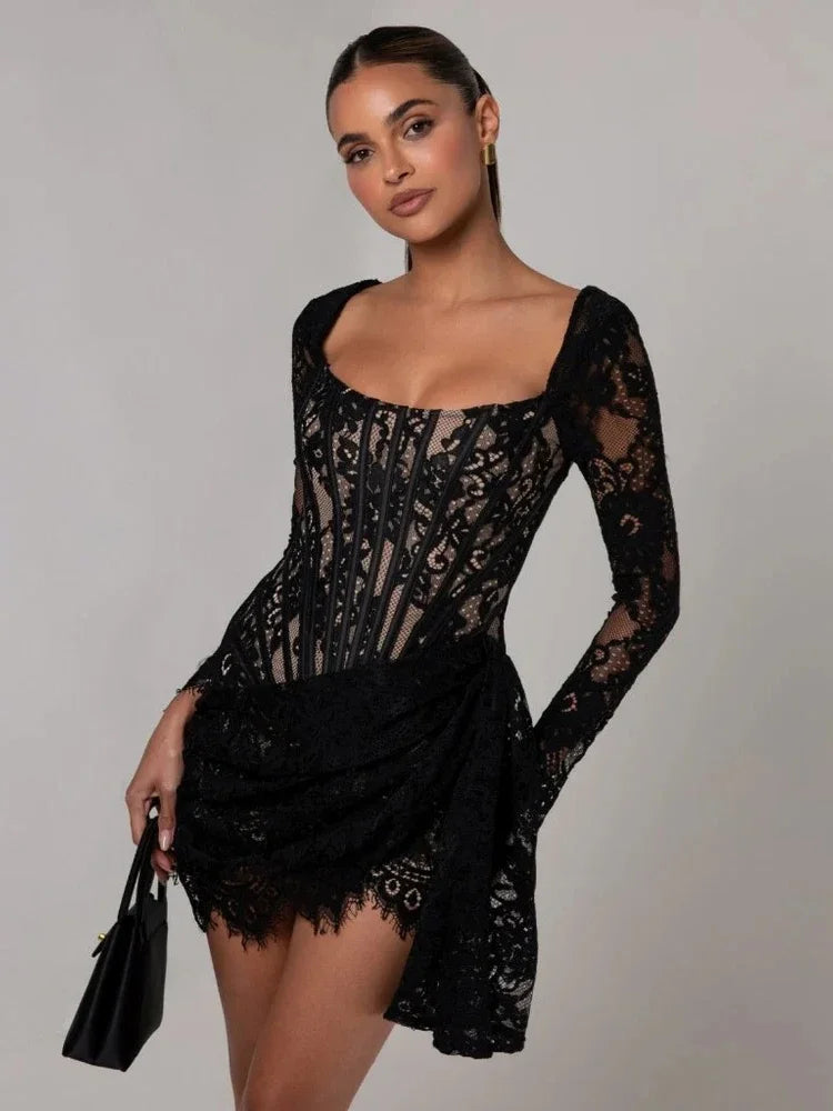 Sexy Long Sleeve Lace Corset Draped Mini Dress Women Black Square Collar Backless Ruched Bodycon Celebrity Party Runway Dress
