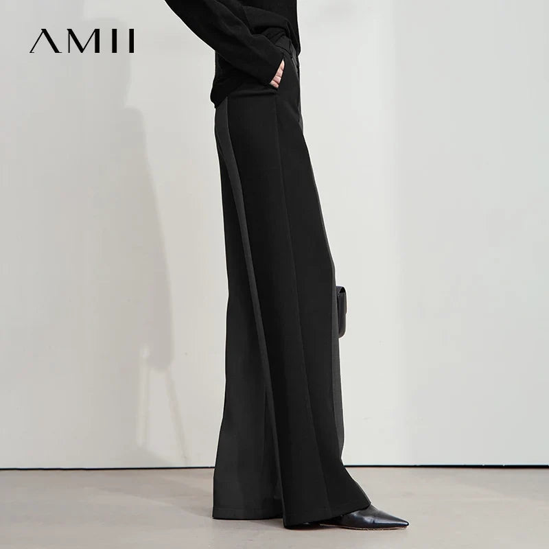 AMII 2025 New Arrival Elegant Office Lady Pants Minimalist Easy-care Anti-wrinkle Casual Simple Color Blocking Trouser 12543101