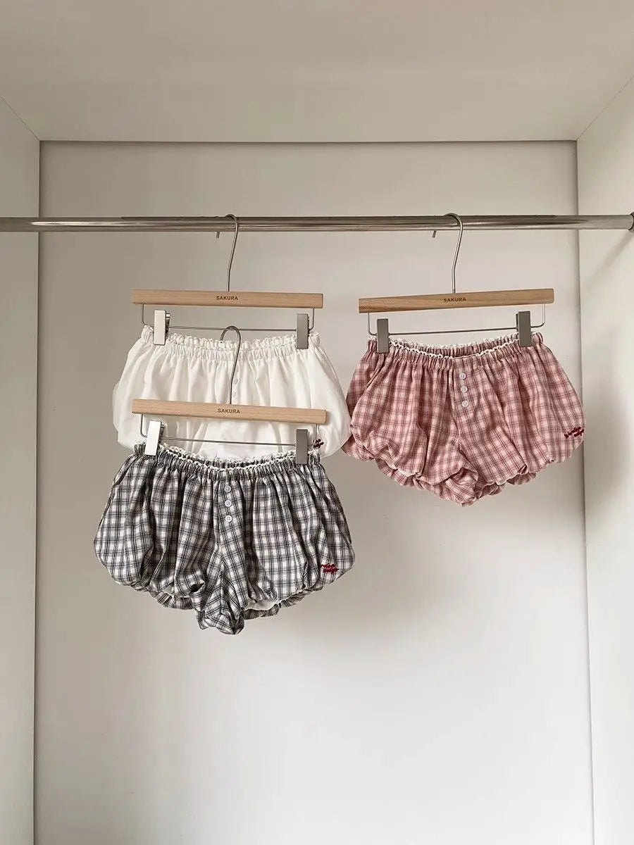 Womens Plaid Bubble Shorts Elastic Waist Bloomer Shorts Casual Short Pants Summer Streetwear