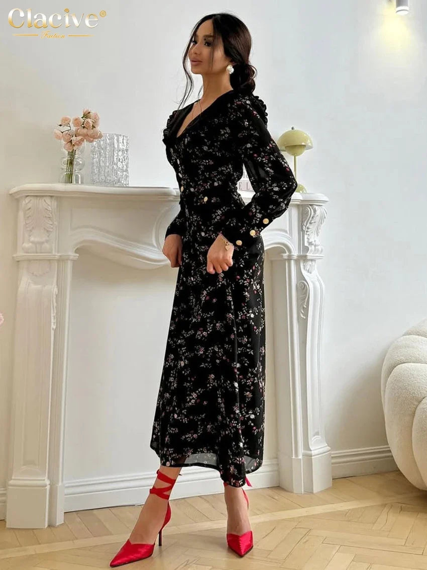 Clacive Fashion Slim Print Women's Dress 2025 Vintage Lapel Long Sleeve Ankle Length Dresses Elegant Classic Patchwork Female Dr