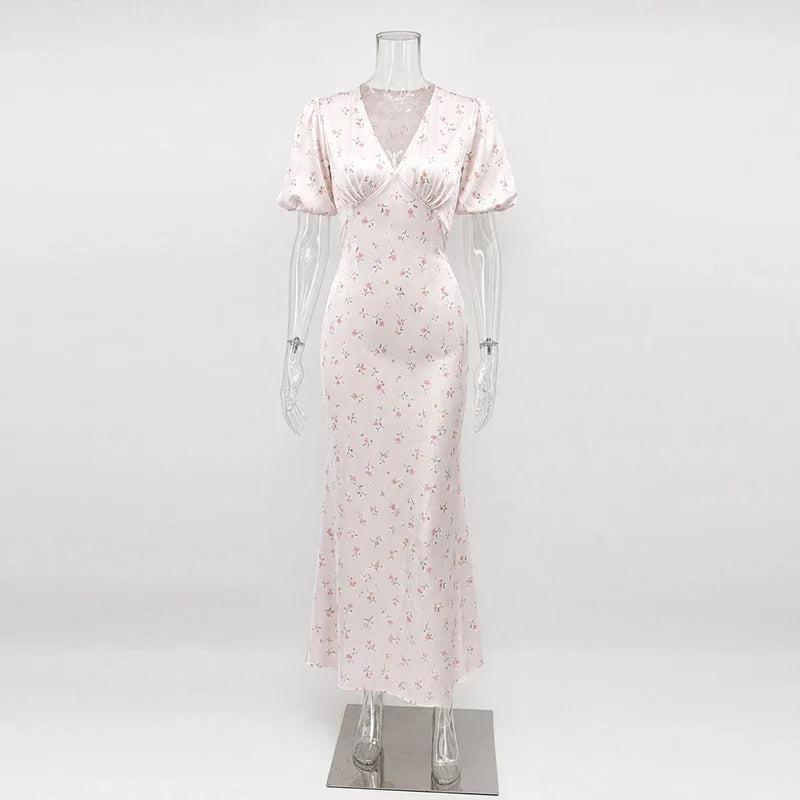 TARUXY Stylish Printed Maxi Dress Women Elegant Slim V-Neck Short-Sleeve Evening Dress Summer New Casual Commuter Female Dress