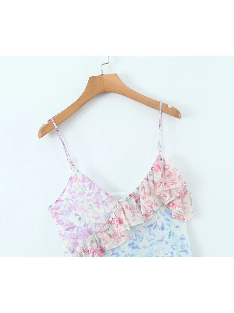 YENKYE Summer Women Multi Color Block Irregular Floral Print Sexy Sling Dress Sweet Ruffle Female Sleeveless Boho Beach Dress