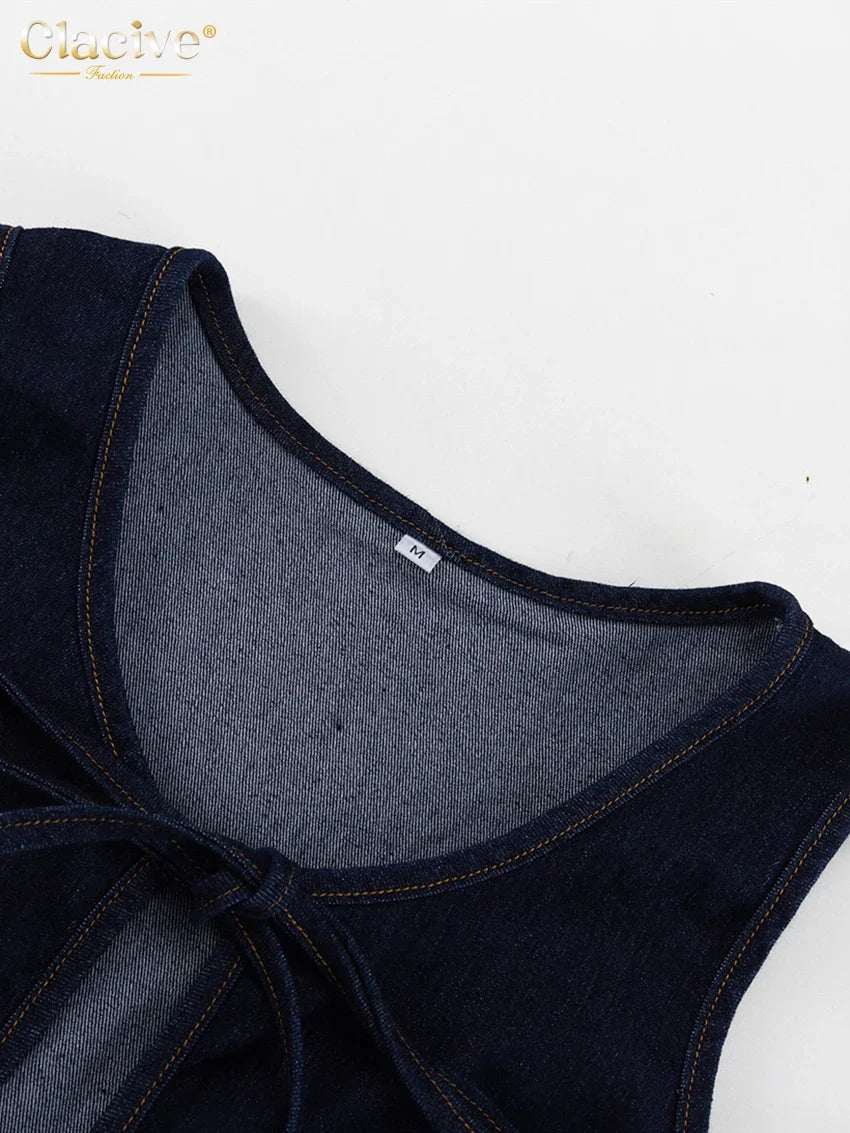 Clacive Summer Loose Blue Denim 2 Piece Sets Women Outfit 2025 Fashion Sleeveless Tank Top With High Waist Shorts Set Streetwear