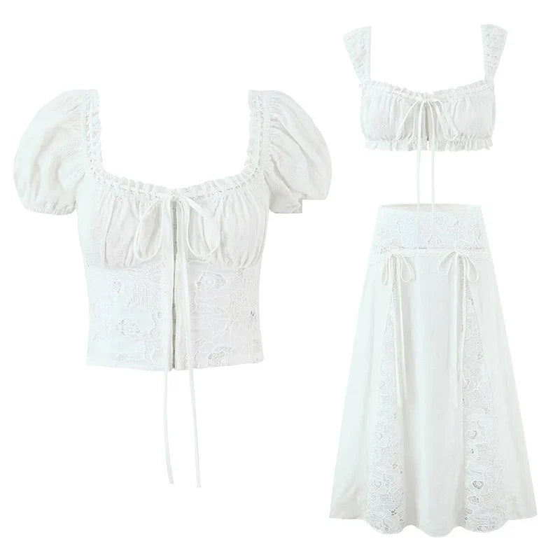 YENKYE New 2026 Lace Patchwork White Long Skirt Women High Waist A-line Holiday Summer Skirts