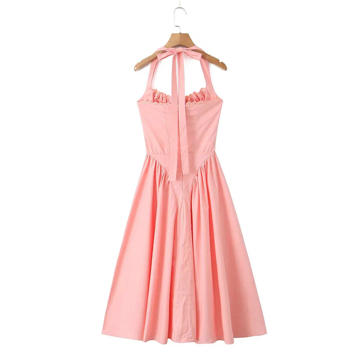 2024 Sexy Pink Corset Style Bow Halter Dress Spliced Lace Drawstring Rope Chest Pleated Slim Low Waist A-lined Swing Midi Robe