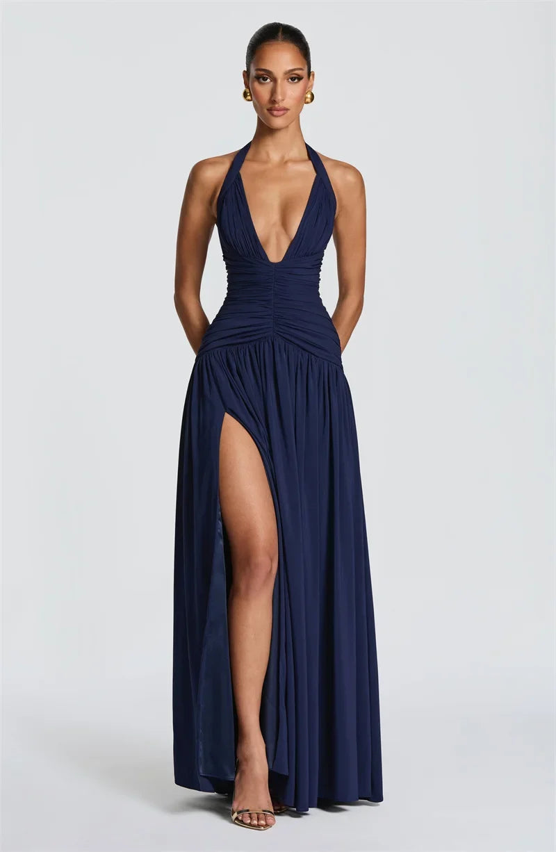Mozision Halter Deep V Neck Sexy Maxi Dress Women Elegant Off-shoulder Sleeveless High Split Pleated Club Party Long Dress
