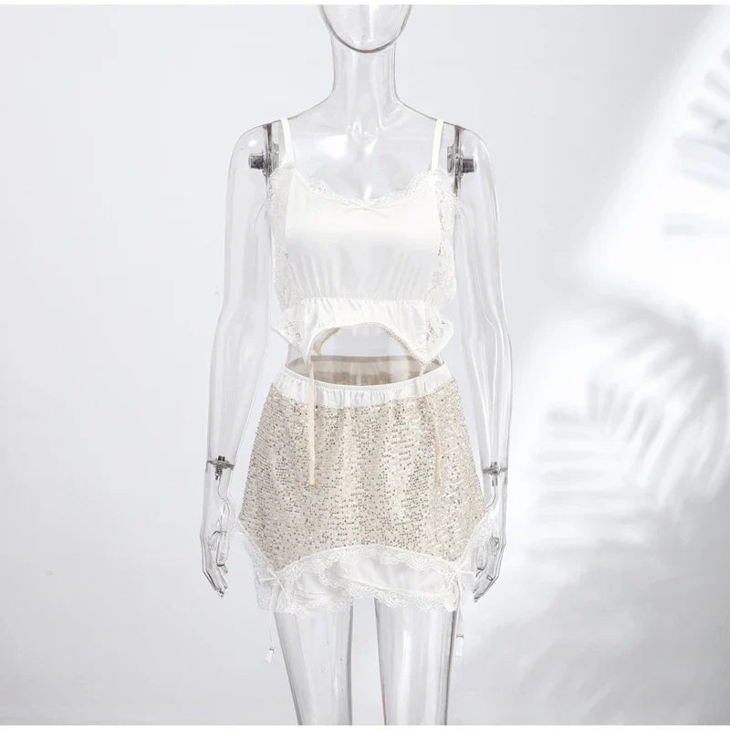 Sexy Sequin Mini Skirt Set Lace Spliced Sleeveless Strap Top Summer Women's Suit Lady New Street Party Beach Outfits 2026
