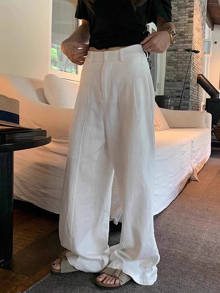 White Cotton Linen Pants Women Wide Leg Formal Trousers Summer Straight Leg Suit Pants High Waist Ladies Formal Pants Loose
