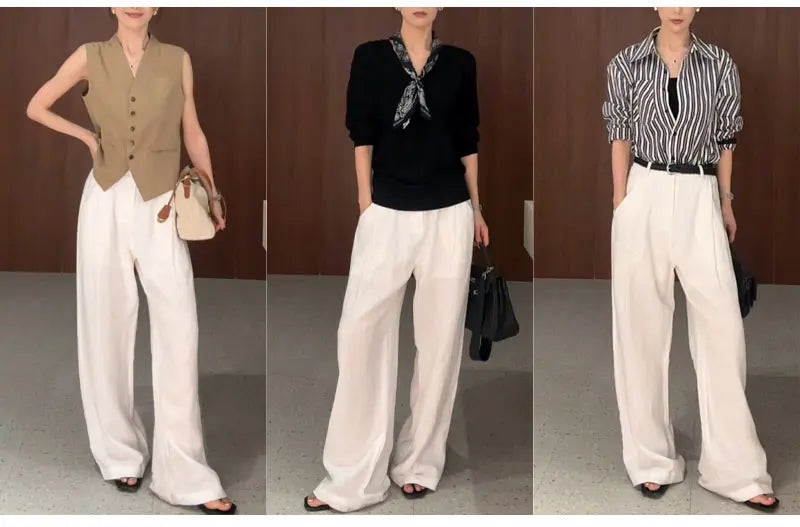 White Cotton Linen Pants Women Wide Leg Formal Trousers Summer Straight Leg Suit Pants High Waist Ladies Formal Pants Loose