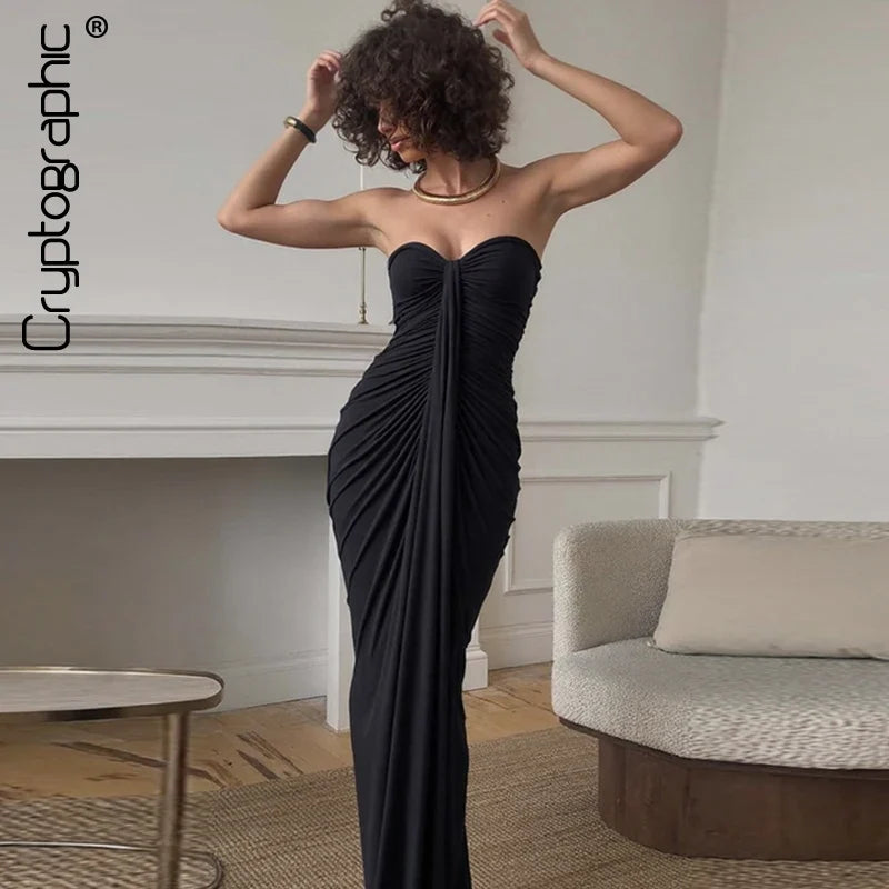 Cryptographic Fashion Ruched Sexy Strapless Dress for Women Solid Elegant Gown Club Party Slinky Maxi Dresses Backless Clothes