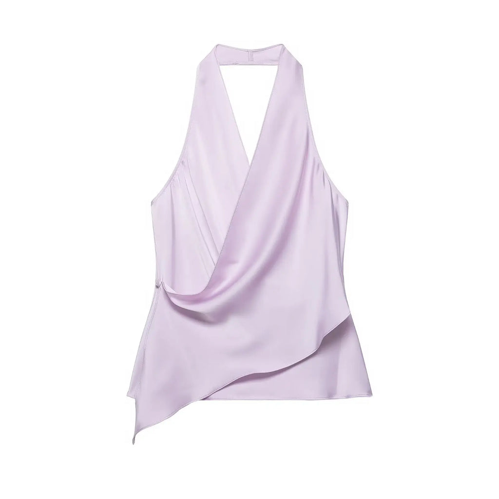 4 colors Sexy Ruched Cross Front Satin Halter Tank Top Women One Button Side Asymmetric Camisole Camis Crop Tee Brown Lavender