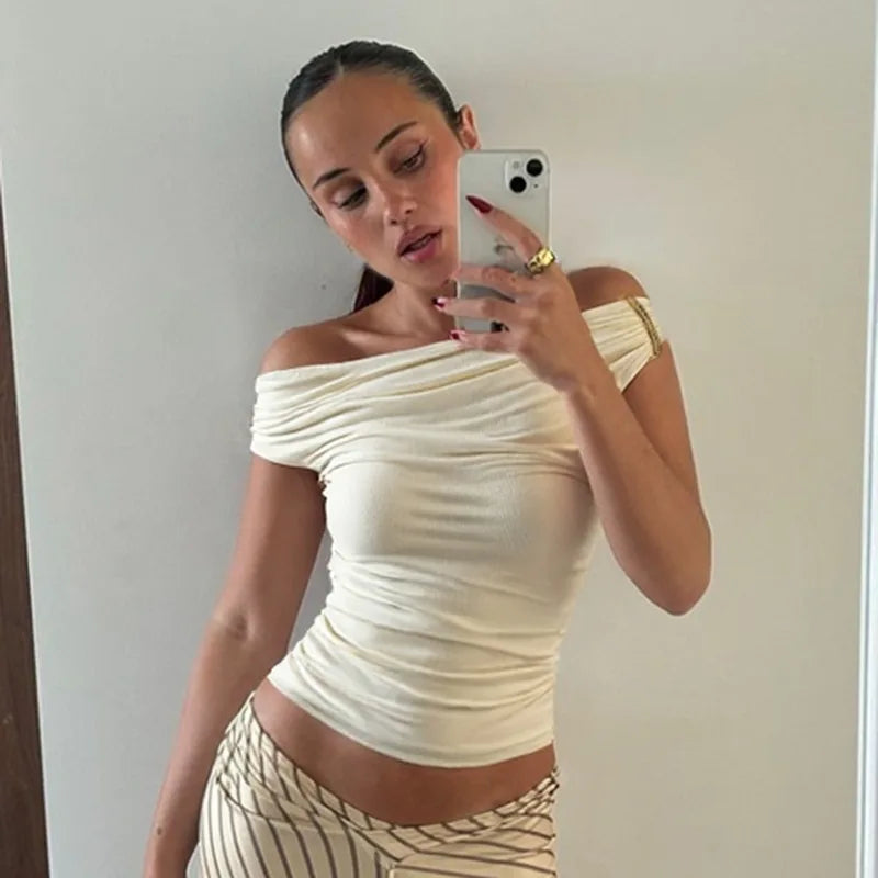Cryptographic Fashion Off Shoulder Ruched Tops T-shirts Outfits Sleeveless Summer Cropped Tops Tees Sexy Backless Solid Clothes