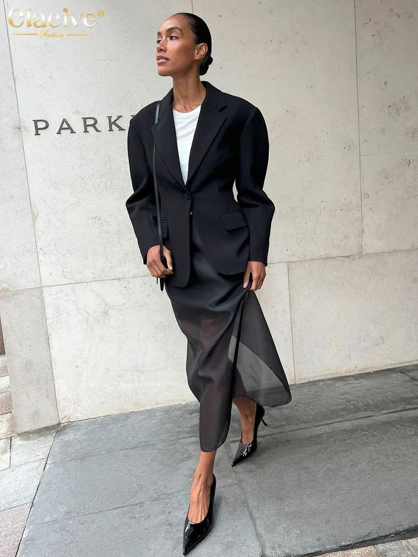 Clacive Fashion Loose Balck Women Skirt Casual High Waist Ankle Length Skirts Elegant Classic Mesh Spliced Skirt Female Clothing