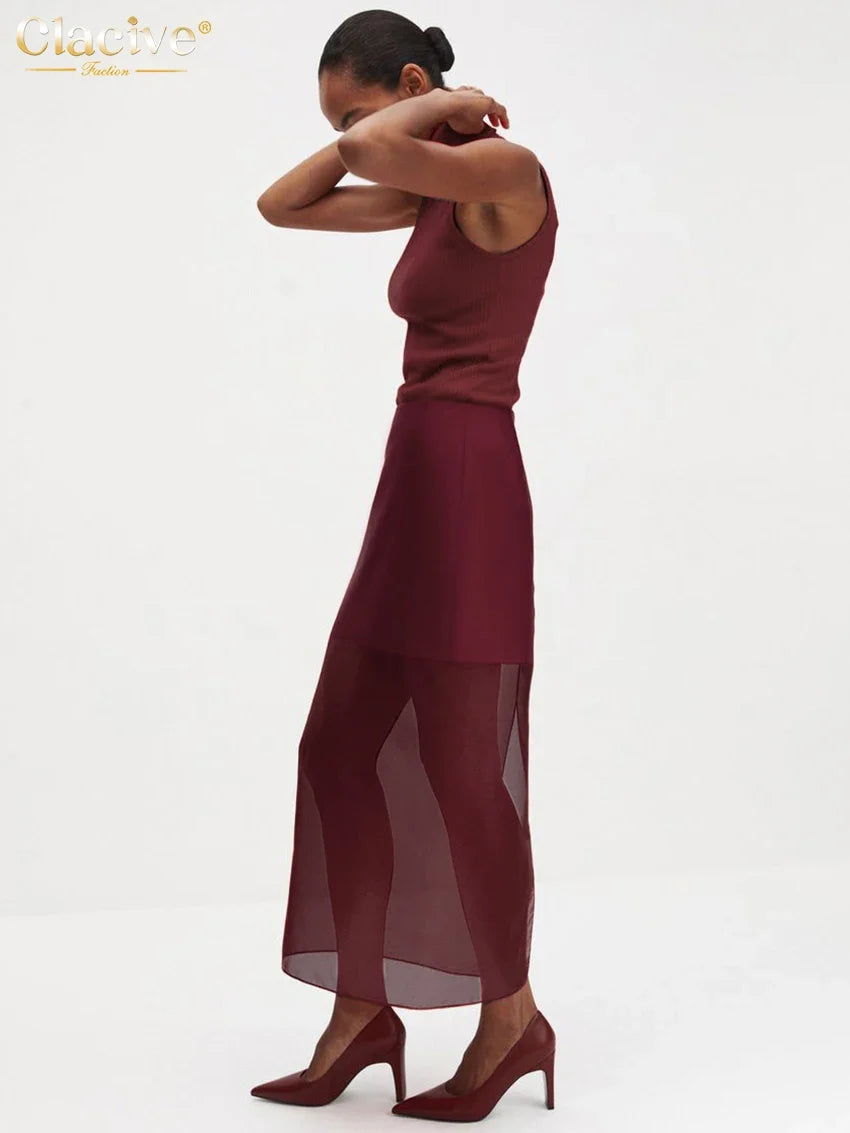Clacive Fashion Loose Balck Women Skirt Casual High Waist Ankle Length Skirts Elegant Classic Mesh Spliced Skirt Female Clothing