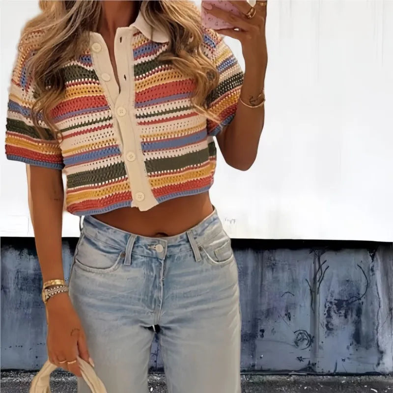Women Patchwork Striped Hollow Out Crochet Knitted Crop Sweater Shorts Set Short Sleeve Polo Collar Sweater Knit Shorts Suit Y2K