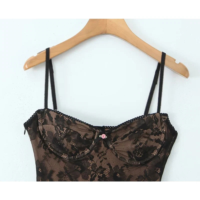 YENKYE New Fashion Women Spaghetti Straps Lace Sexy Dresses Black Beige Backless Hollow Out A-line Mini Dress Night Out Robe