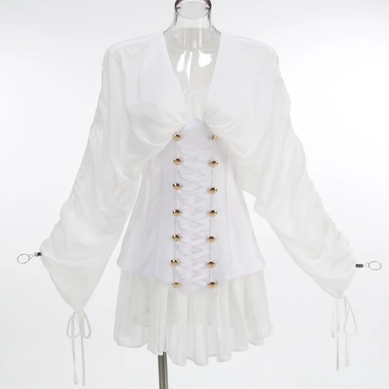 VC Elegant White Corset Mini Dress for Women V-Neck Chiffon Long Sleeve Lace-Up Waist Slim Fit Ruffle Hem Women's Casual Dresses