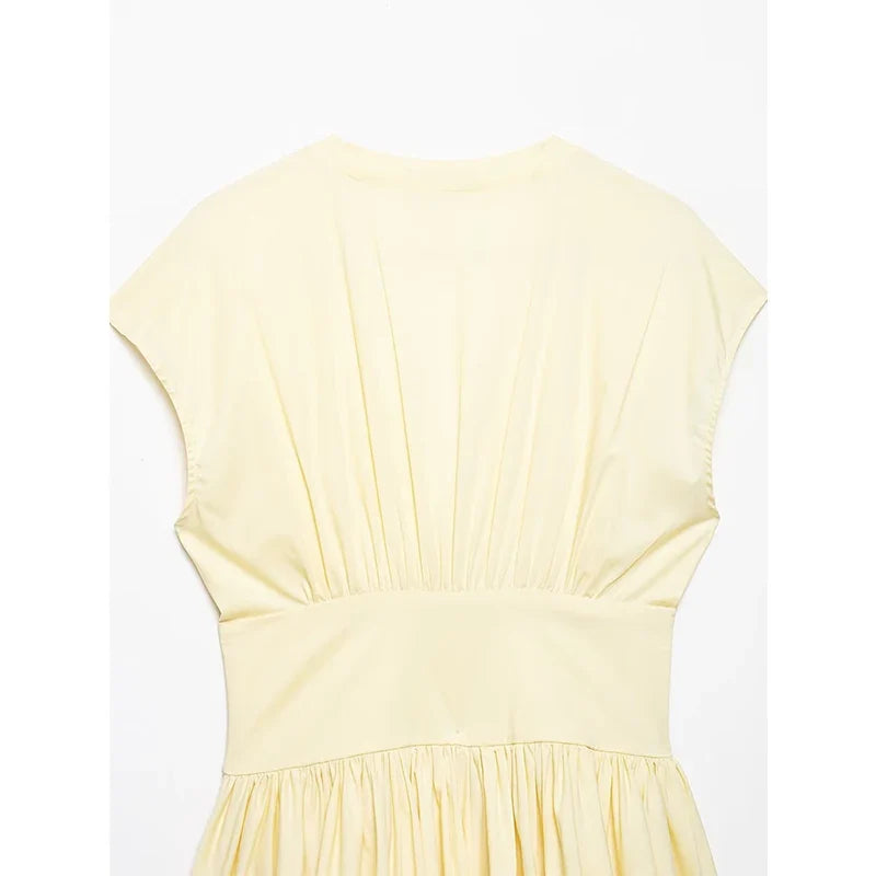 YENKYE New 2026 Women Short Sleeve Deep V Neck Pleated  A-line Mini Dress Casual Summer Vestidos
