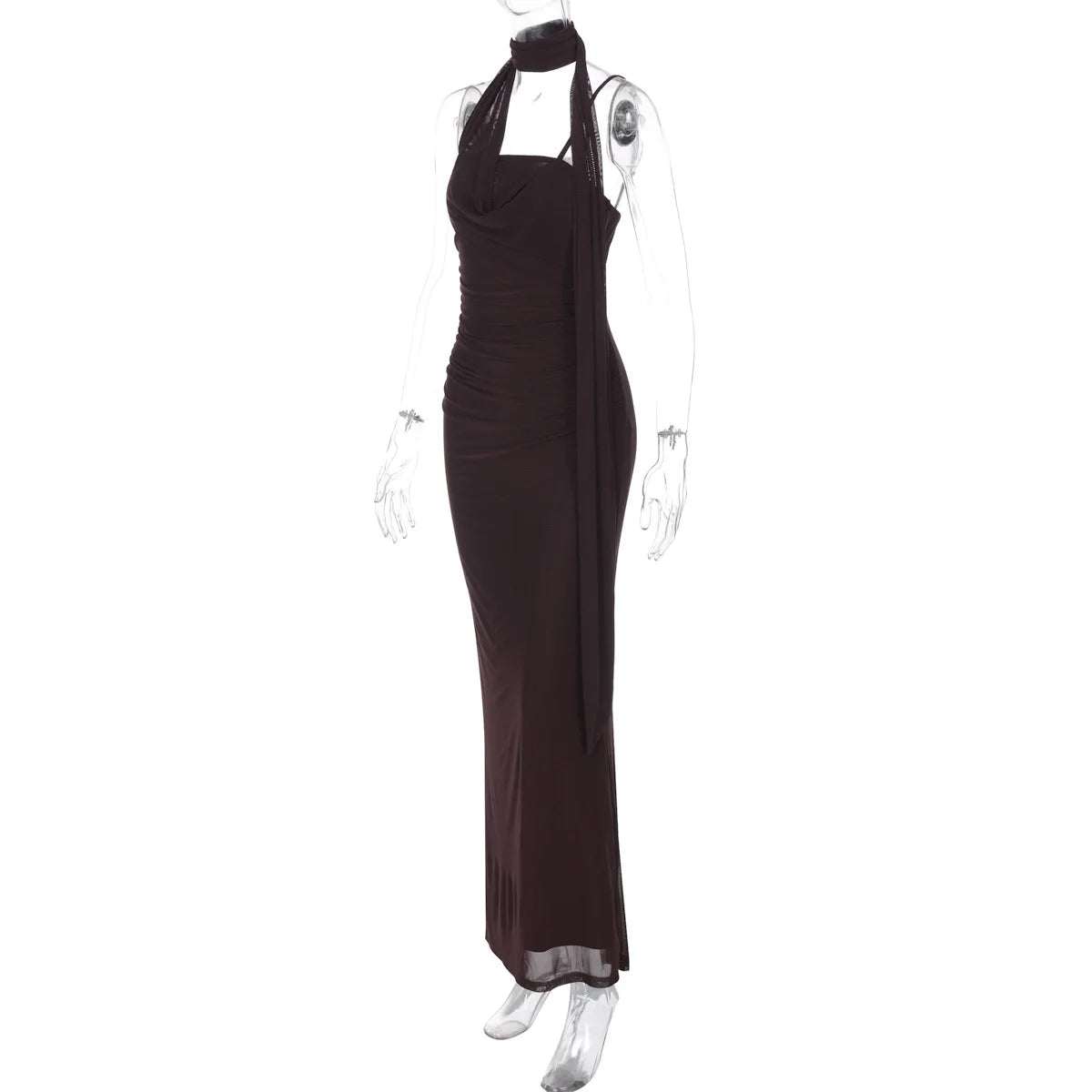 Cryptographic Elegant Neck Scarf Ruched Sexy Backless Maxi Dress Party Club Outfits for Women Slip Maxi Dresses Gown Vestido