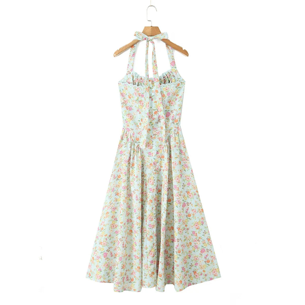 2024 Sexy Pink Corset Style Bow Halter Dress Spliced Lace Drawstring Rope Chest Pleated Slim Low Waist A-lined Swing Midi Robe