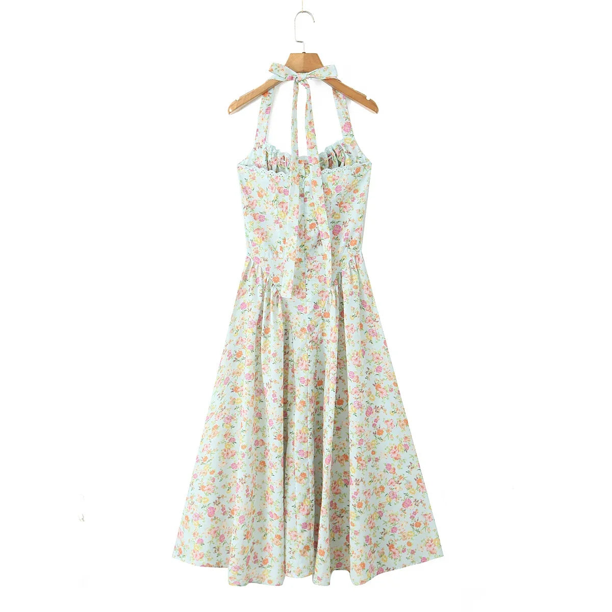 2024 Sexy Pink Corset Style Bow Halter Dress Spliced Lace Drawstring Rope Chest Pleated Slim Low Waist A-lined Swing Midi Robe