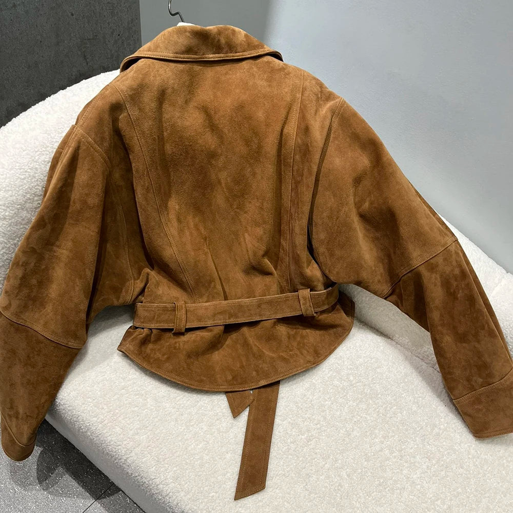 YOLOAgain Single Breasted Vintage Suede Jacket Women With Belt Oversized Real Leather Jacket Female