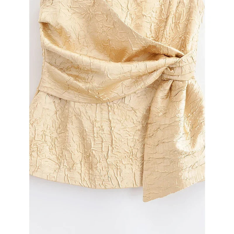 YENKYE New Fashion Women Front Knot Wrinkled Satin Strapless Tops Chic Party Crop Top Streetwear ropa de mujer 2025