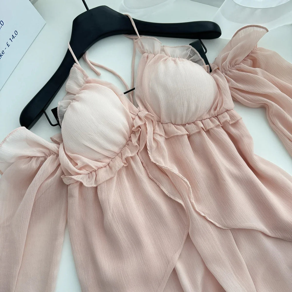 Summer French Vintage Mini Fairy Chiffon Floral Lantern Sleeve Dress Women Mori Romantic Frock Evening Court One-Piece Gyaru New