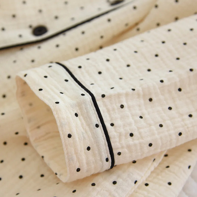 100% Cotton Gauze Women Pajamas Polka Dot Print Sleepwear 2025 Spring Female 2 Piece Set Nightwear Lady Pyjamas Loungewear