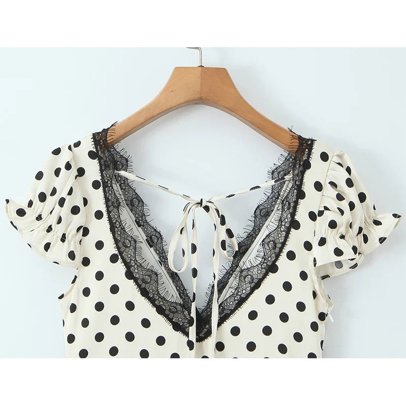 YENKYE New 2026 Women Lace Trim Polka Dot Dress Short Sleeve V Neck A-line Summer Sexy Backless Dresses