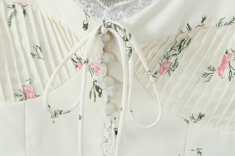 2024 Women Summer Vintage Floral Print Bow Tied Cropped Tank Tops Fashion V-Neck Short Sleeve Female Casual Chic Tops Vestidos