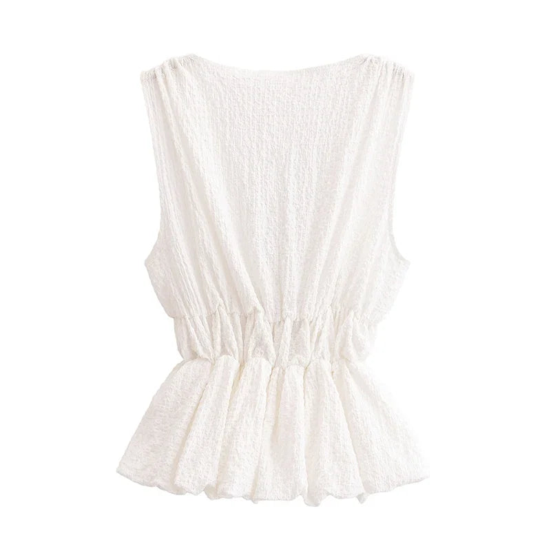 YENKYE 2025 Women Contrasting Bow White Tank Top Sleeveless Deep V Neck  Elastic Waist  Balloon Hem Summer Crop Top