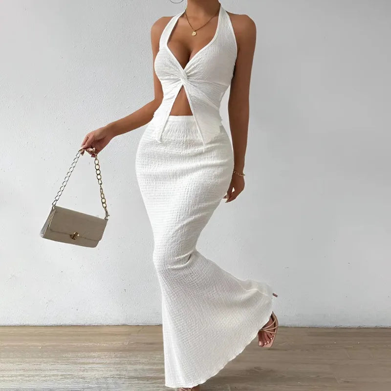 Tuularose White Long Skirt Two Piece Summer Sexy Twist Lace-up Vest Top Tight Long Skirt Set Elegant 2025 Female Long Dress Sets