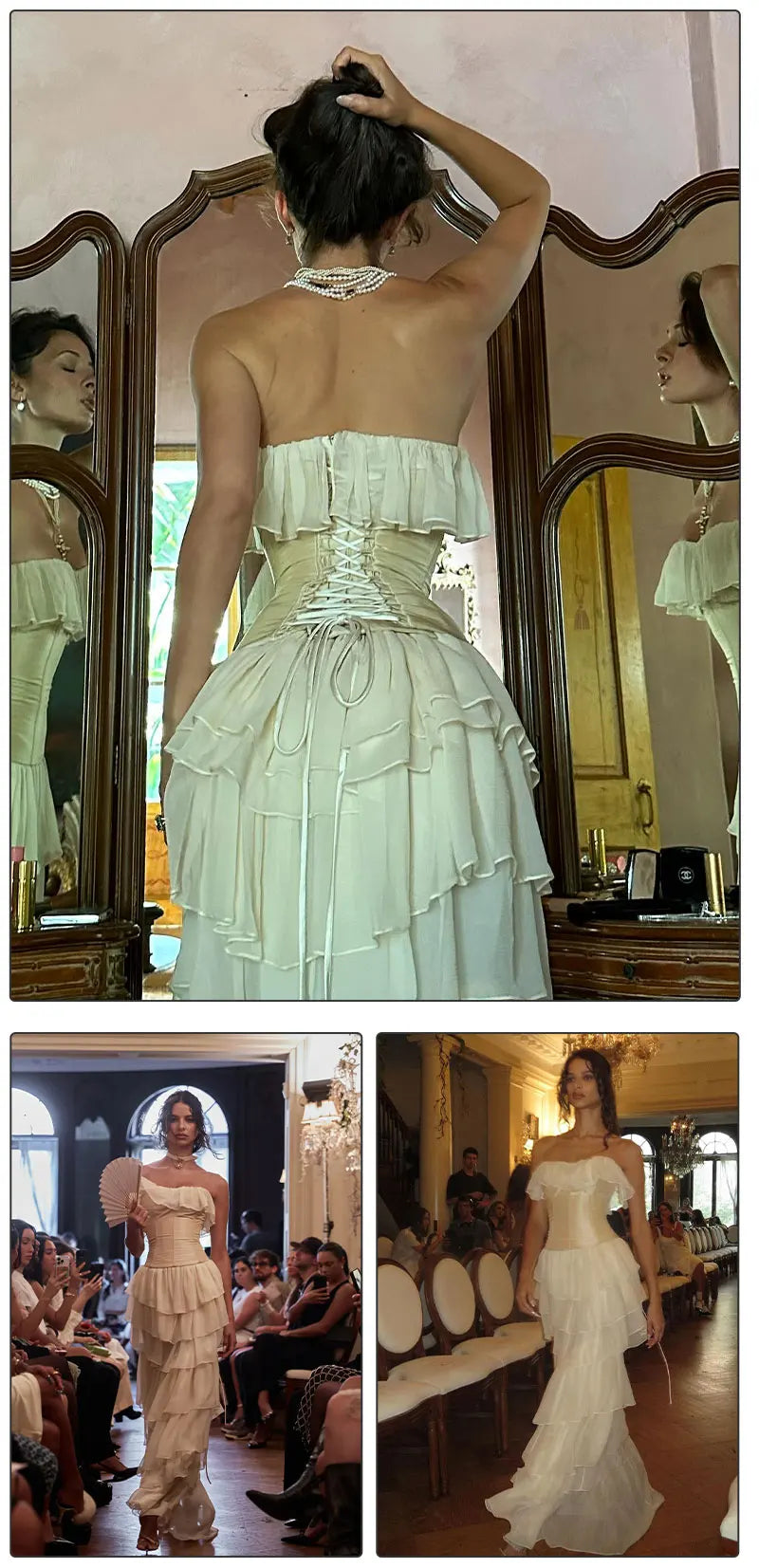 VC Sets For Women 2 Pieces Elegant And Pretty Lace-Up Corset And Slash Neck Long Cake Dress Set Chiffon Female Clothing