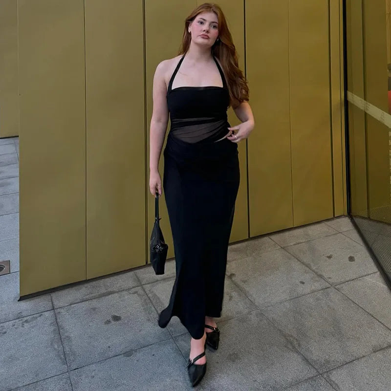 Cryptographic Elegant Halter Sexy Mesh Sheer Cut Out Maxi Dress Club Party Long Dresses Outfits Asymmetrical Ruched Gown Summer