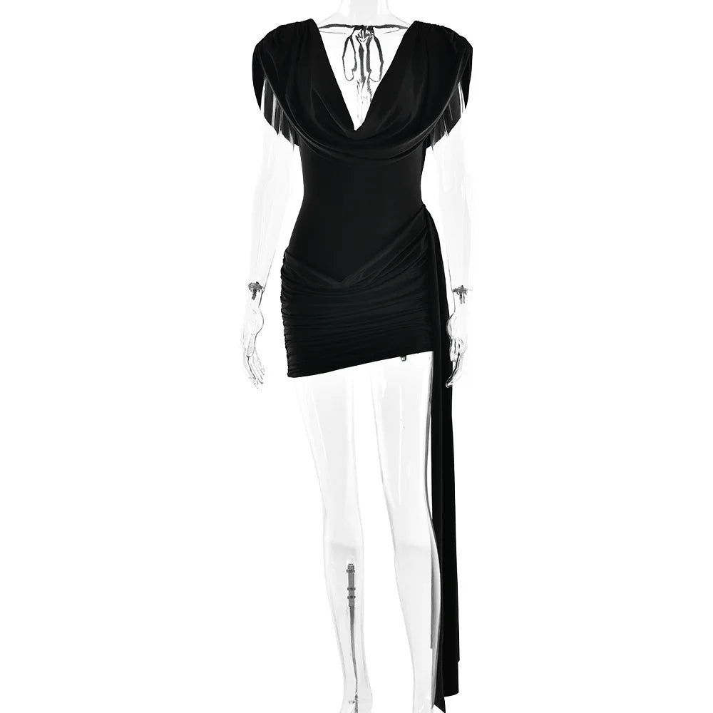 Cryptographic Elegant Ruched Draped V Neck Mini Dress Party Club Sexy Outfits for Women Sleeveless Sexy Bodycon Dresses Solid