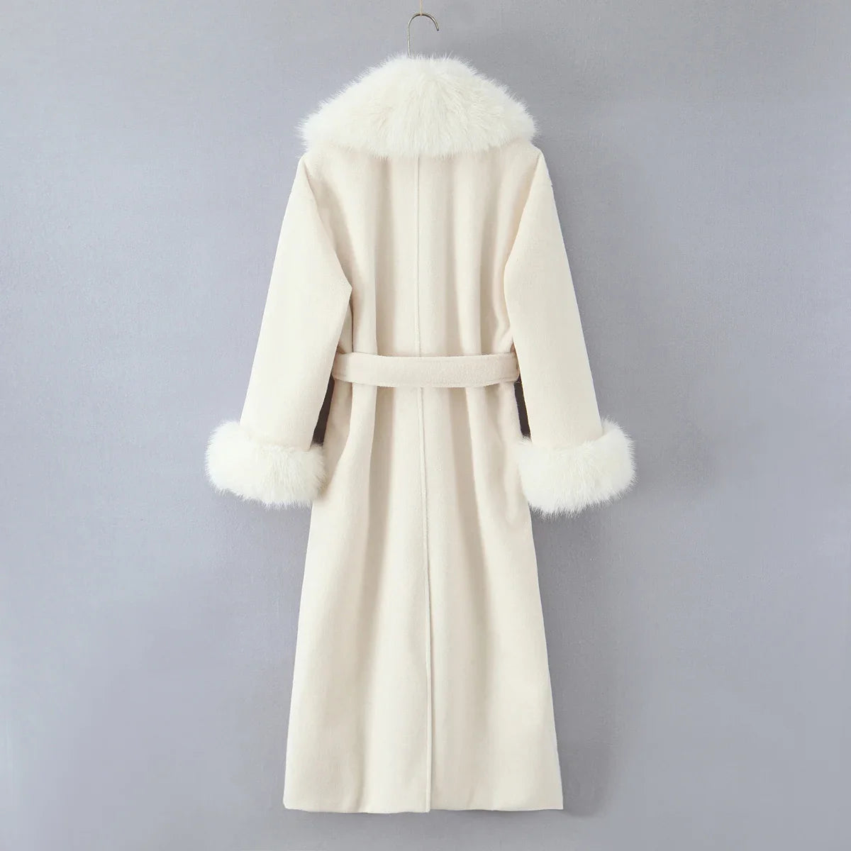 New Autumn Winter Black Shaggy Faux Fur Lapel Collar Woolen Coat Women Bow Sashes Long Sleeve No Button Midi Trench Outerwear