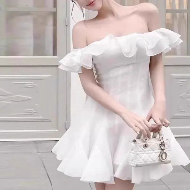 IEQJ Fashion Women Dress Sleeveless Slash Neck Solid Color Lotus Leaf Edge Design Female Party Dresses New Tide 3QW1205