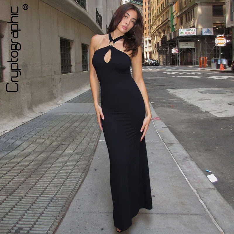 Cryptographic Summer Elegant Backless Halter Black Dress Party Club Outfits Women Sexy Maxi Dresses Gown Vestido Holiday Clothes