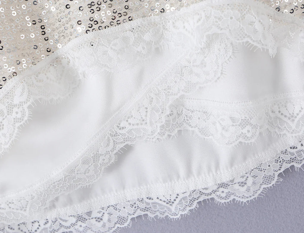 2026 Summer Women White Spliced Silver Sequins Mini Skirt Package Hips 2 Layers Rope Hem Short Skirts Femme Bottom