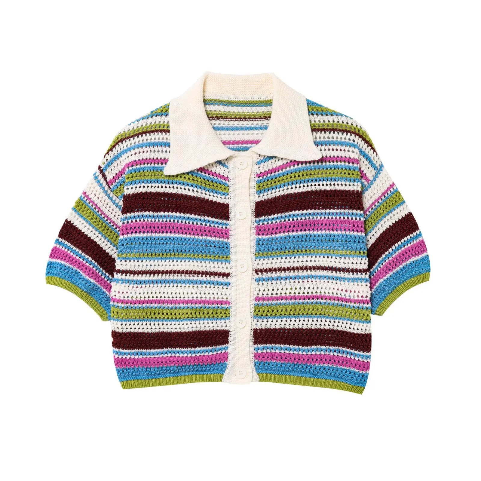 Women Patchwork Striped Hollow Out Crochet Knitted Crop Sweater Shorts Set Short Sleeve Polo Collar Sweater Knit Shorts Suit Y2K