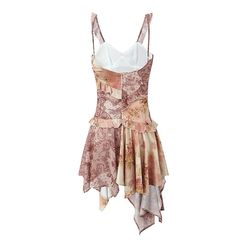 YENKYE Summer Women Vintage Print Irregular Hem Sling Mini Dress Sexy Backless Ruffle Holiday Beach Dresses Female Short Robe