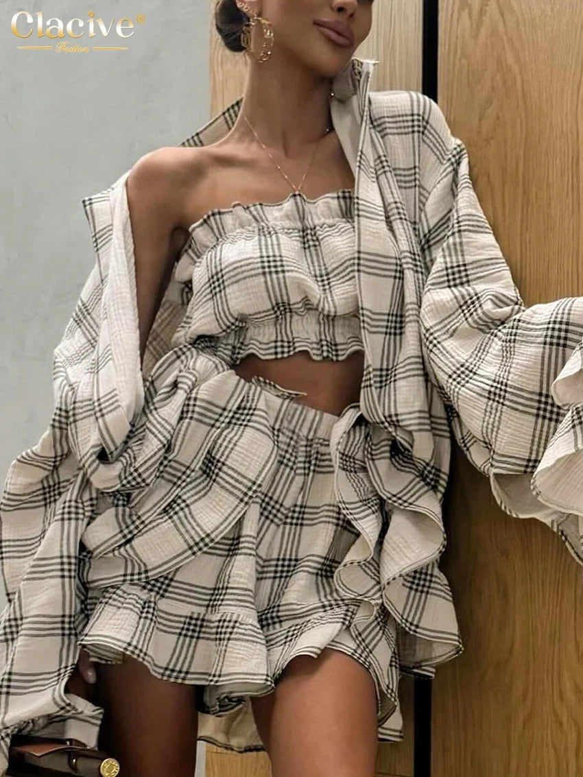 Clacive Fashion Loose Plaid Cotton Shorts Sets For Women 2 Piece Elegant Long Sleeve Shirt + Tube Top With High Waist Shorts Set